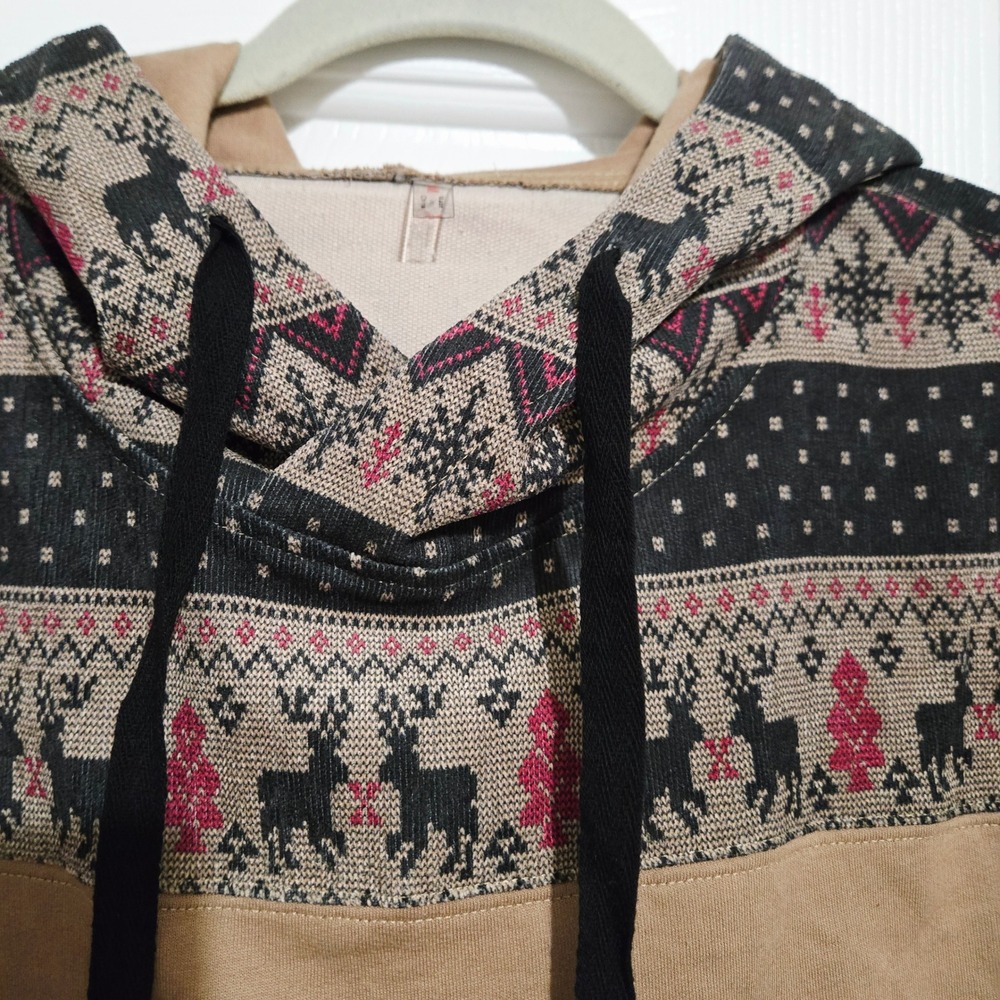 Reindeer Holiday Christmas Fair Isle Cowl Neck Drawstring Hoodie Sweatshirt